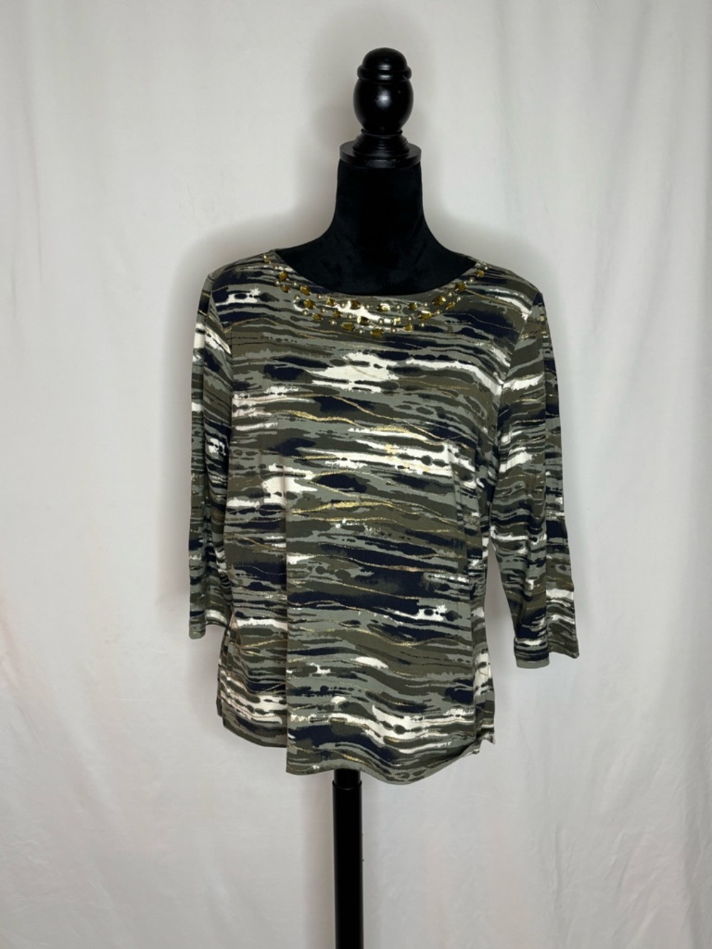 Ruby Rd. Olive, Navy & Cream Patterned Knit Top with Jewel Trim